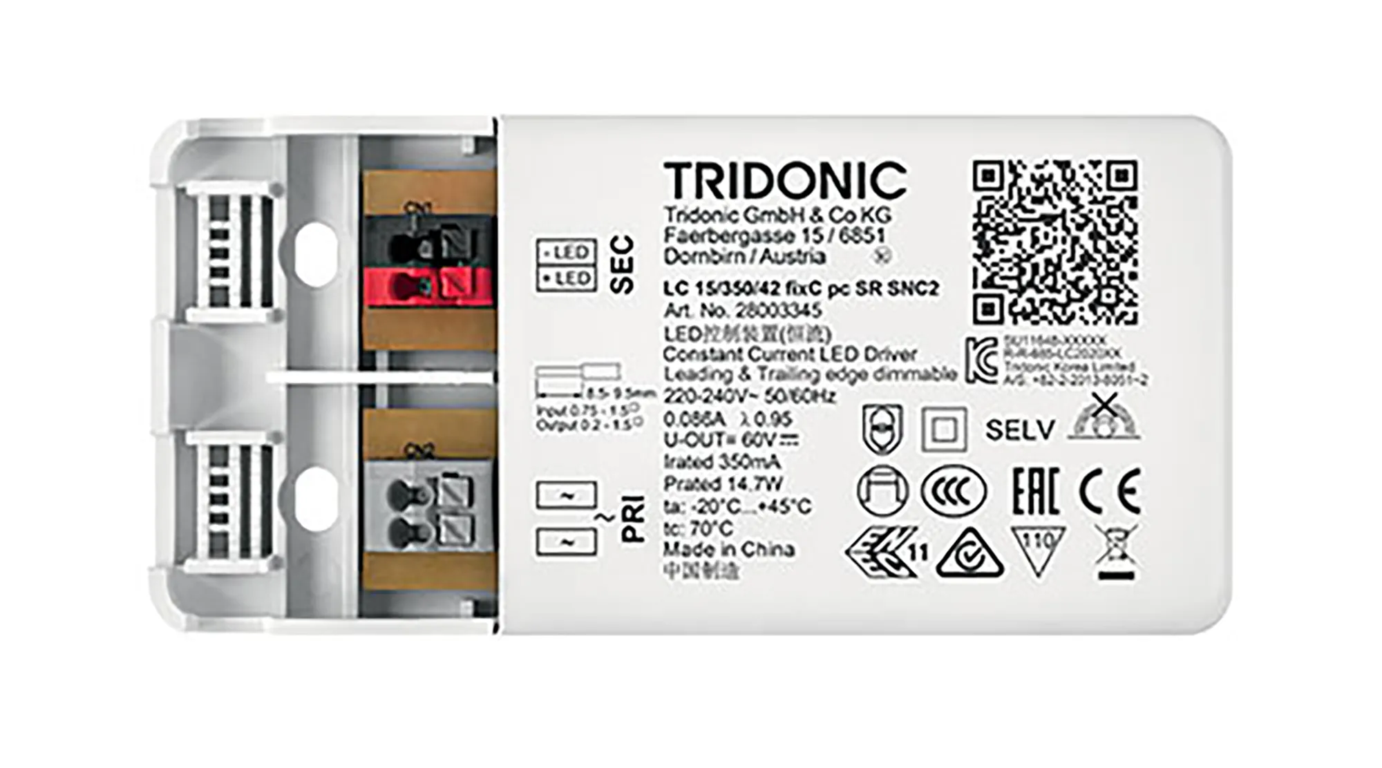 Tridonic, LC 15W 350mA fixC PC SR SNC2, LED Converter Compact  - Leading & Trailing edge dimmable- ESSENCE, Made In PRC, 5yrs Warranty 28003345  Tridonic LC